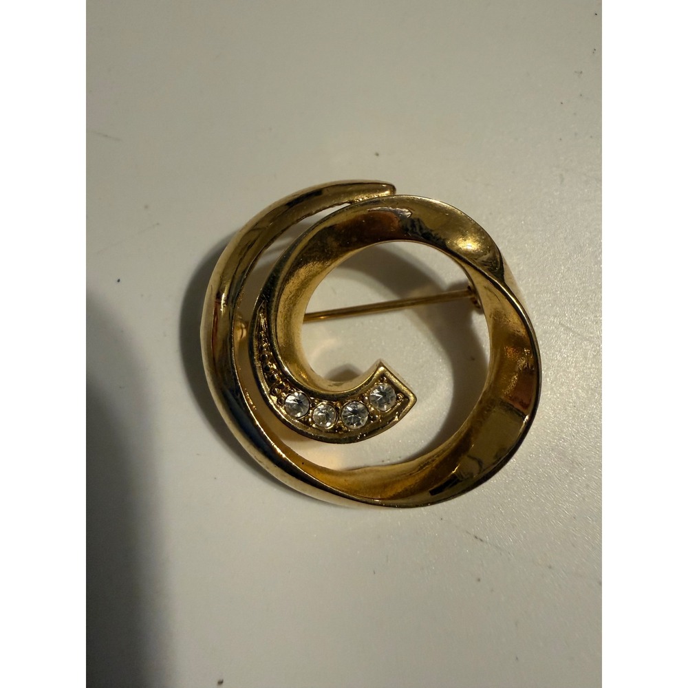 Gold Tone Swirl Brooch Rhinestone Accent Circular Spiral Pin Mid Century Style